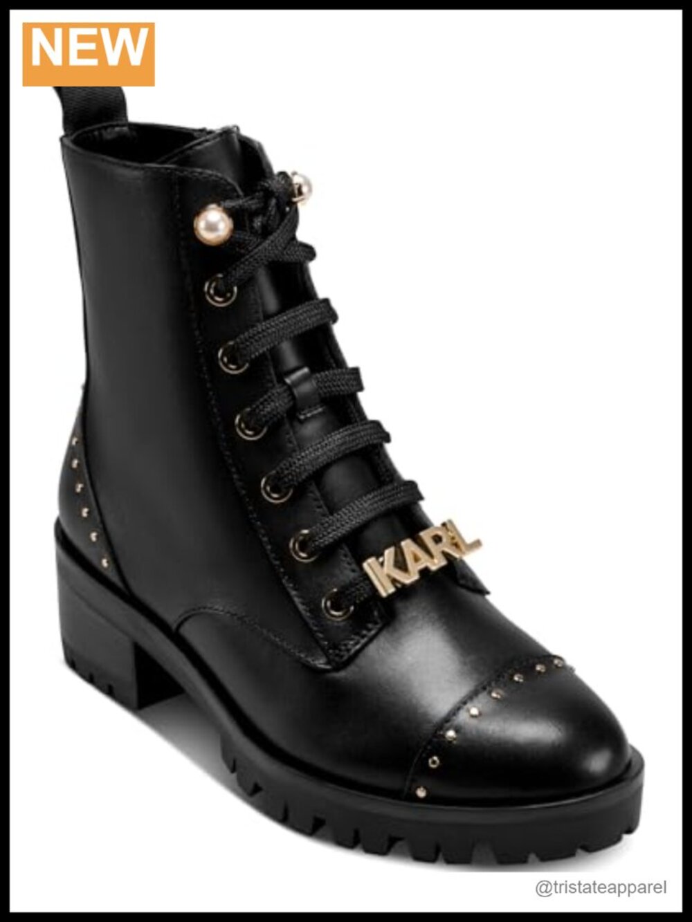 Karl Lagerfeld Prue Lace-Up Combat Boot with Pearl Embellishments